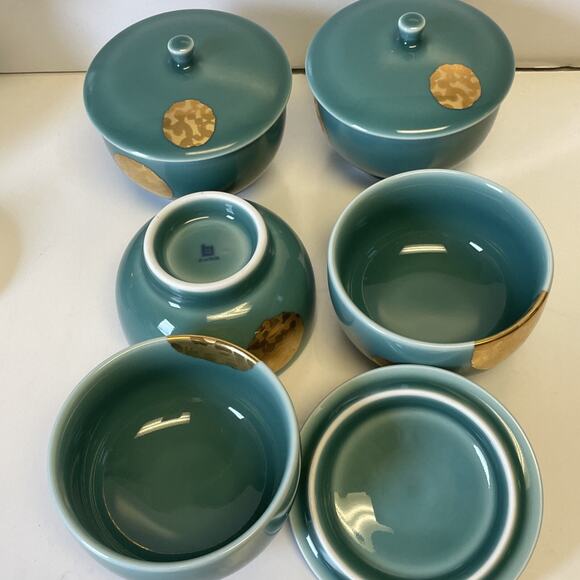 Hakusan Toki Hasami Ware Blue Celadon Service For 5 Tea Set With Gold Accents - Picture 11 of 15